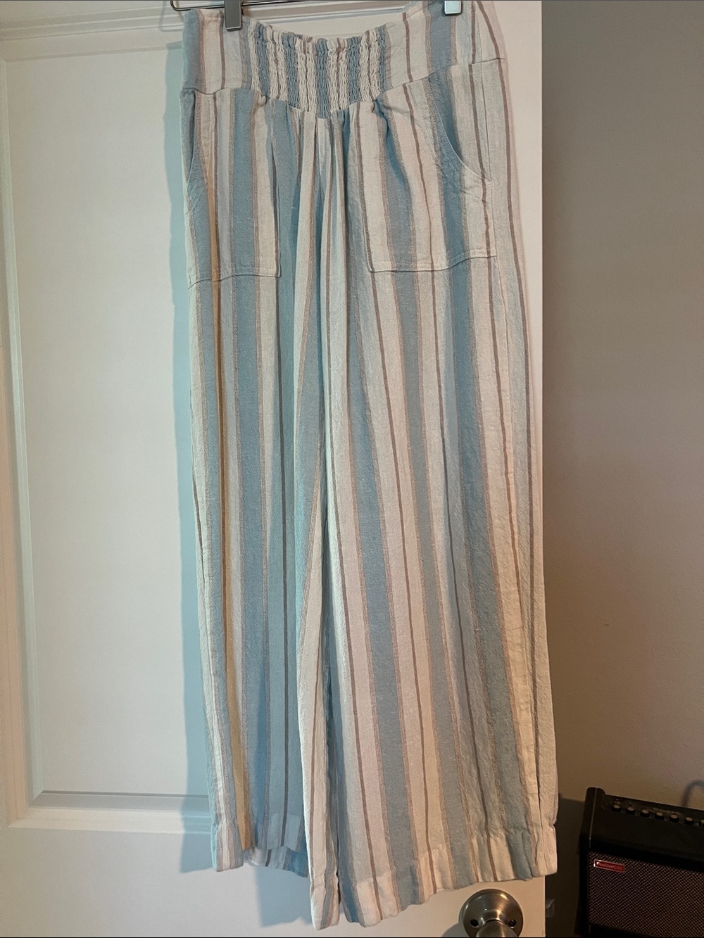 Nomad -Women's Wide-Leg Stripe Pants in Light Blue & Cream Linen Viscose - large
